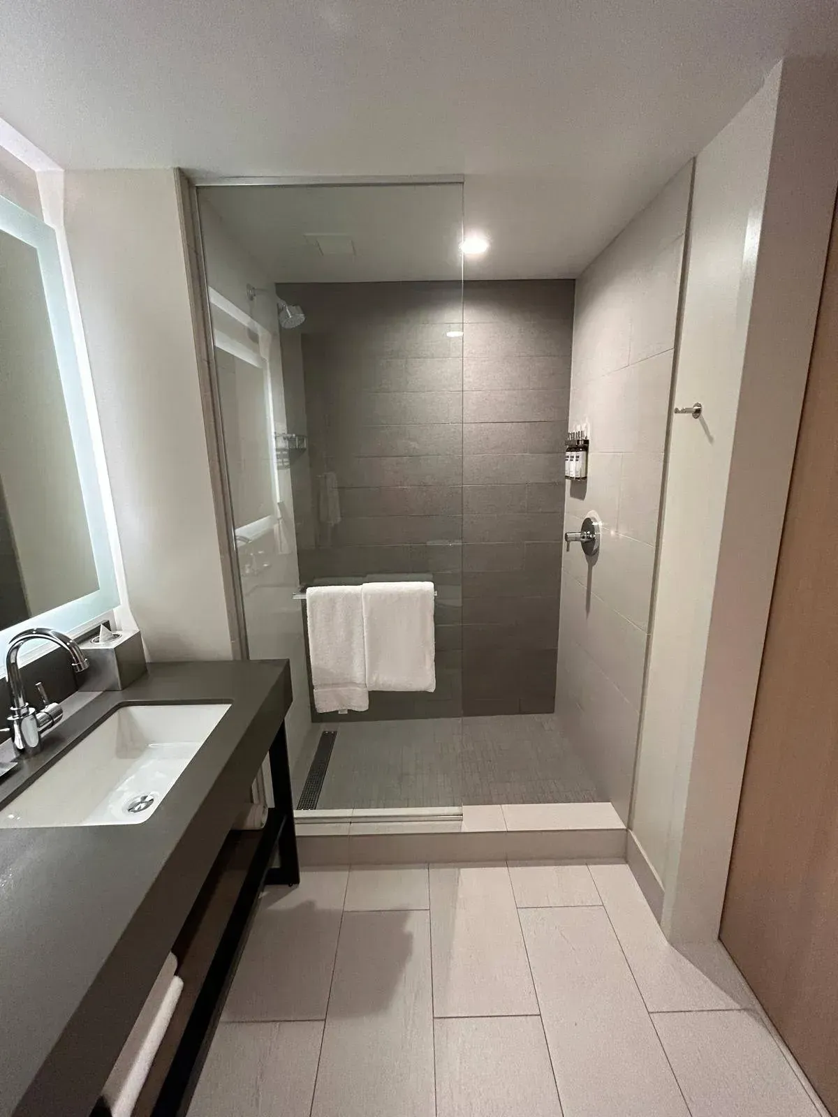 Bathroom with a walk-in shower, sink, and mirror. Gray and white color scheme. White towels hang on the shower door.