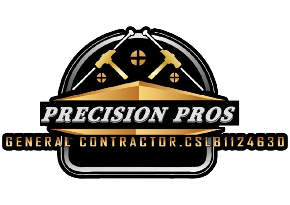 Logo for Precision Pros, a general contractor. Features tools and the company name in a metallic, gold, and black design.