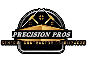 Logo for Precision Pros, a general contractor. Features tools and the company name in a metallic, gold, and black design.