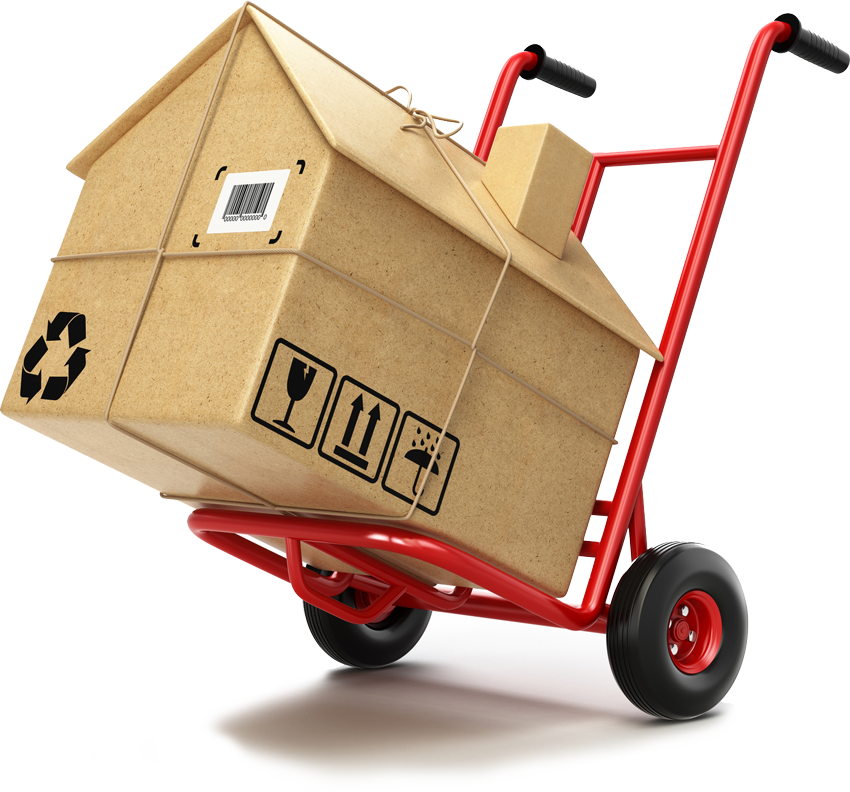 Red hand truck carrying house shaped box — Portland, OR — All America Moving