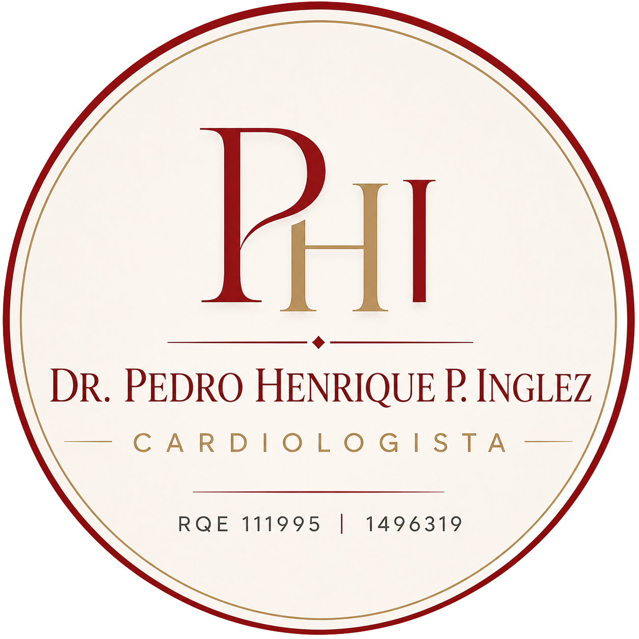 Logotipo circular em tons de creme e vinho do Dr. Pedro Henrique PinGlez, cardiologista, com as iniciais PHI.