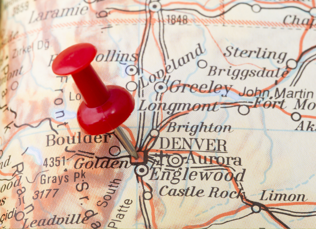 Map with red pin showing heat pump service area in Denver metro