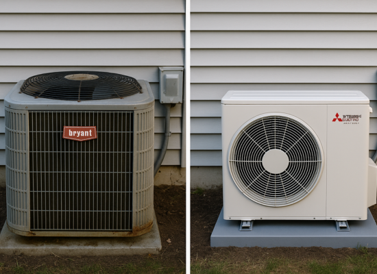 older model Bryant heat pump next to mitsubishi heat pump