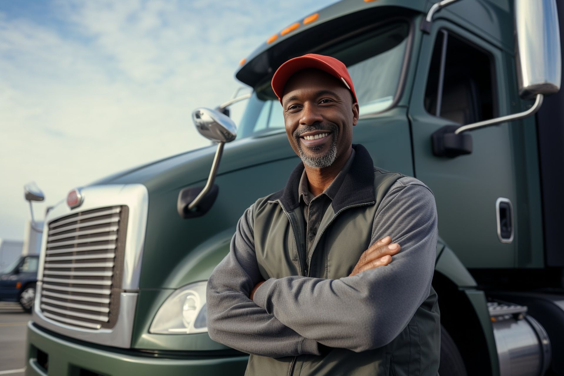 Truck driver posing happily, highlighting truck accessory store premium exterior accessories.
