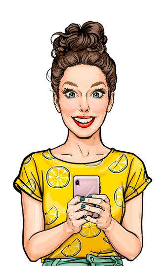 a woman in a yellow shirt is holding a cell phone .