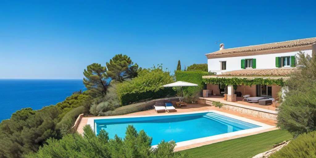 Hay una gran piscina frente a una casa con vista al mar.