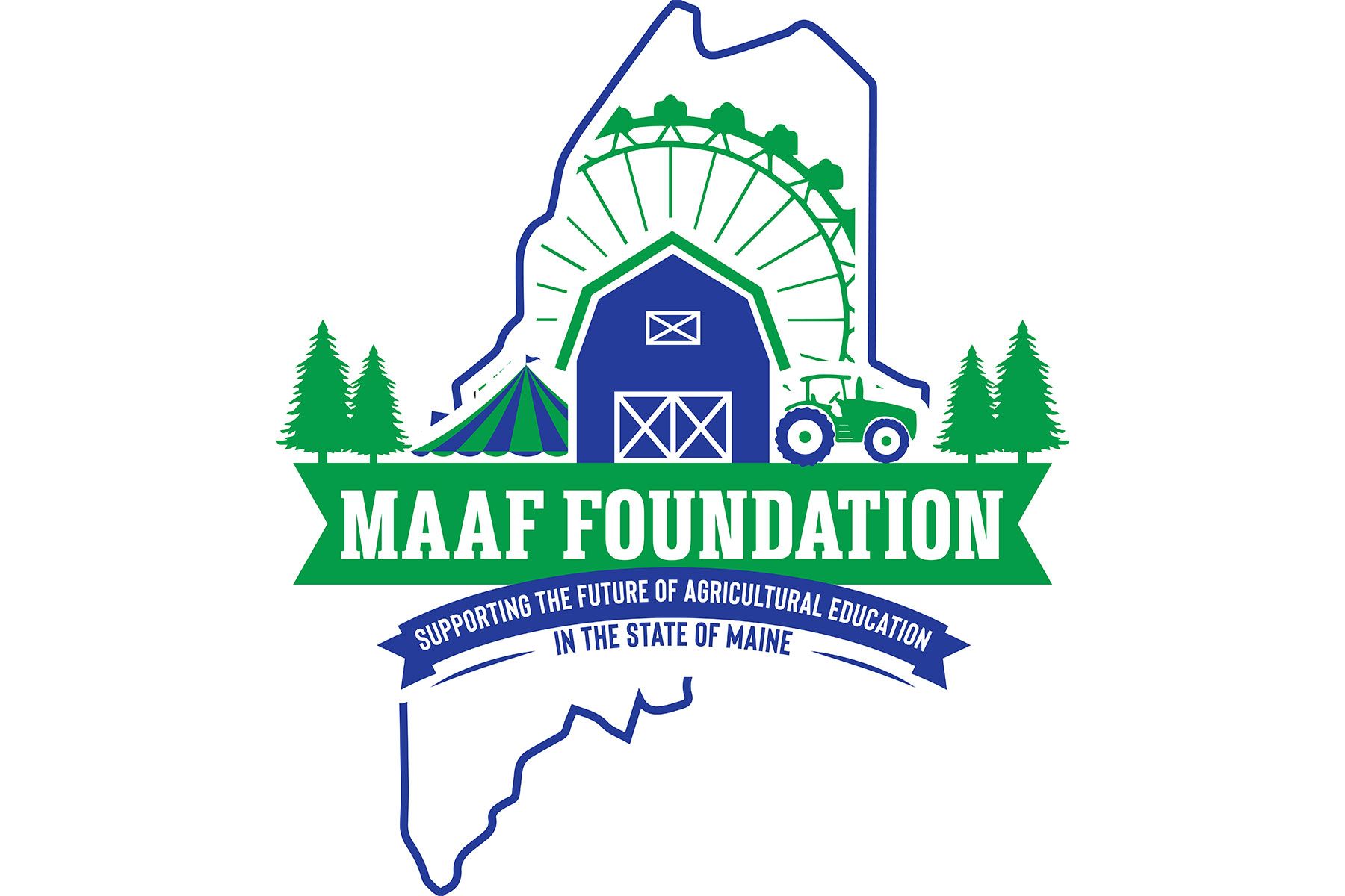 Logo of the MAAF Foundation, featuring a Maine outline, barn, ferris wheel, and tractor, in green, blue, and white.