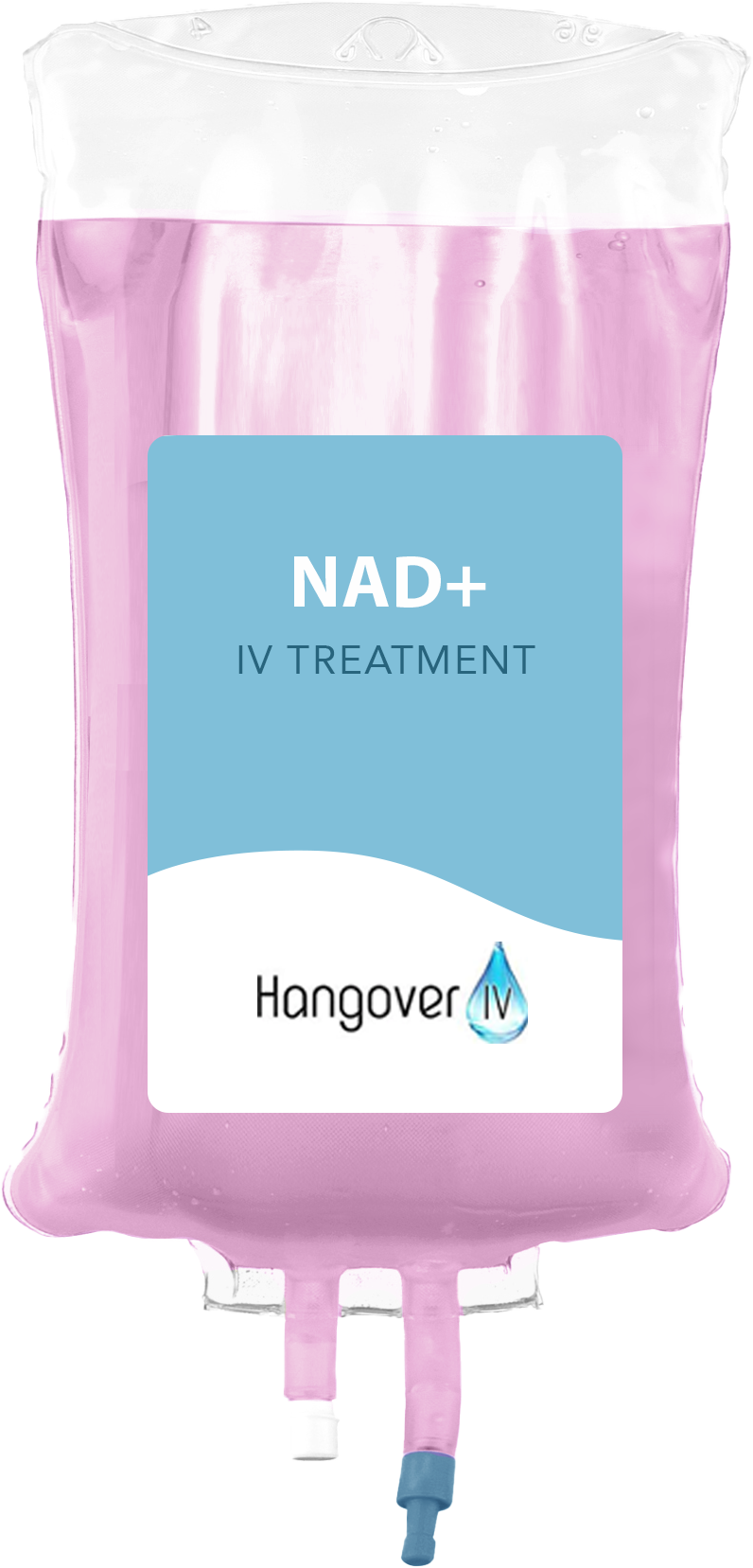 A pink bag with a blue label that says nad + iv treatment.