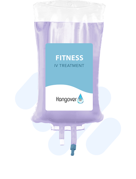 A purple bag with a blue label that says fitness iv treatment