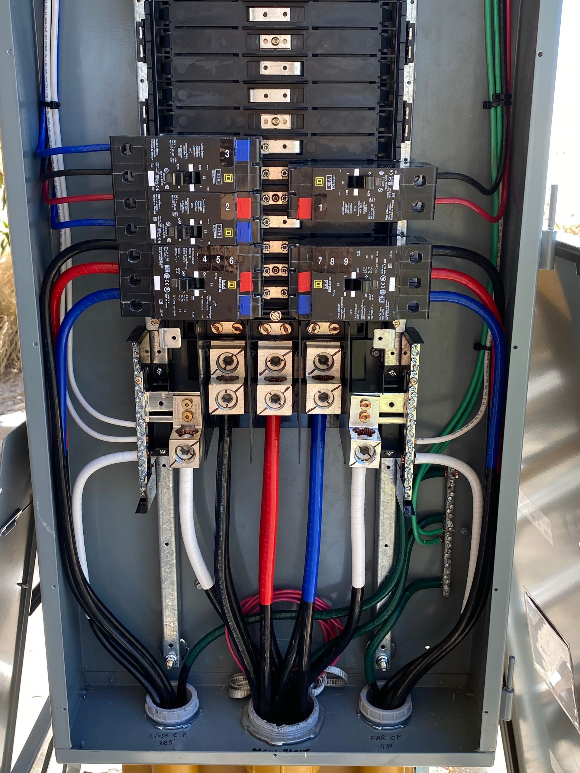 Electrical control panel with circuit breakers, relays, and colored wiring inside a metal enclosure