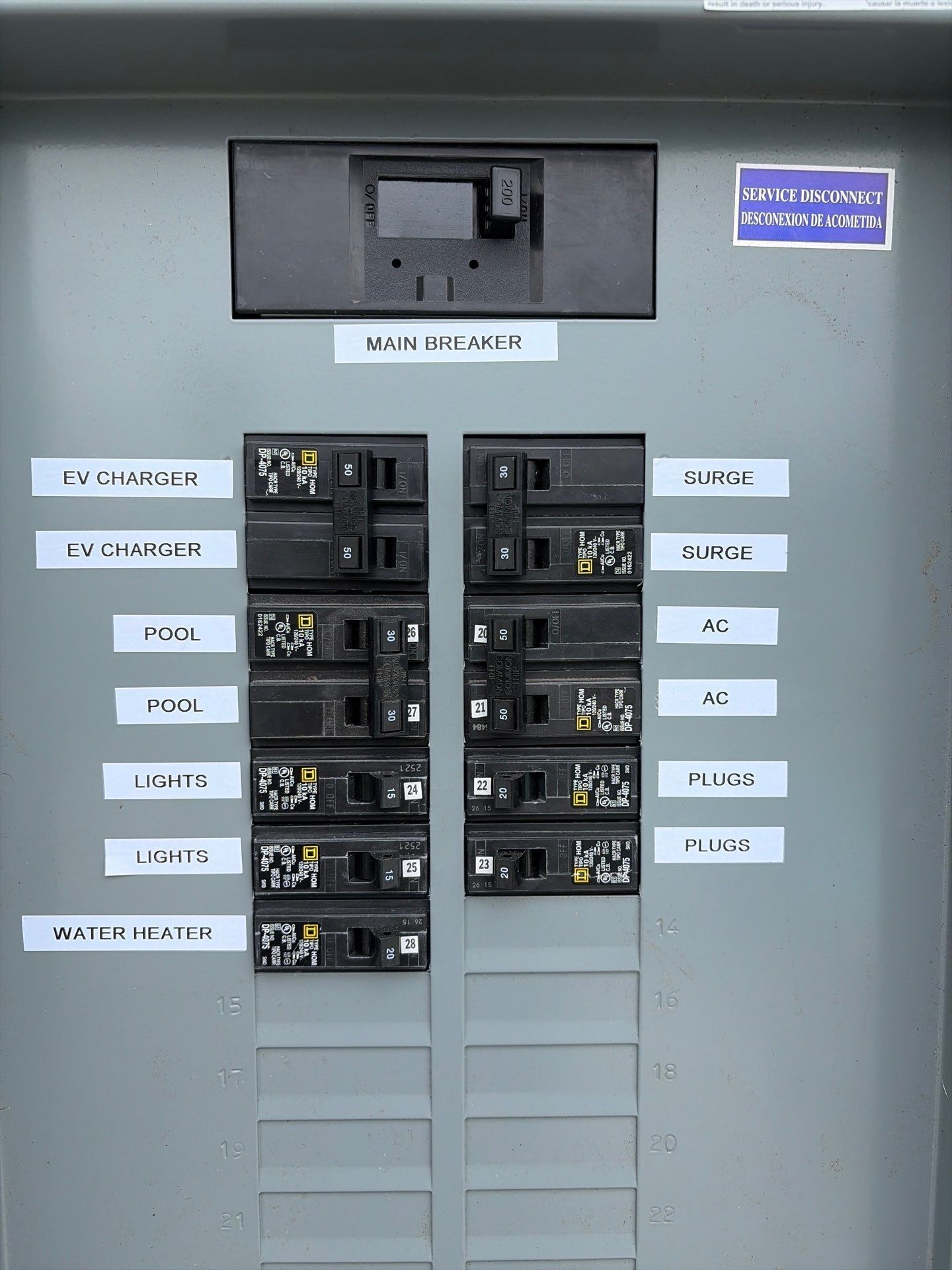 Electrical breaker panel with rows of switches and labels on a gray wall