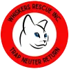 Logo for Whiskers Rescue Inc. with a red circular border containing the text 'Whiskers Rescue Inc.' and 'Trap Neuter Return' around a stylized black-and-white cat face with bright blue eyes