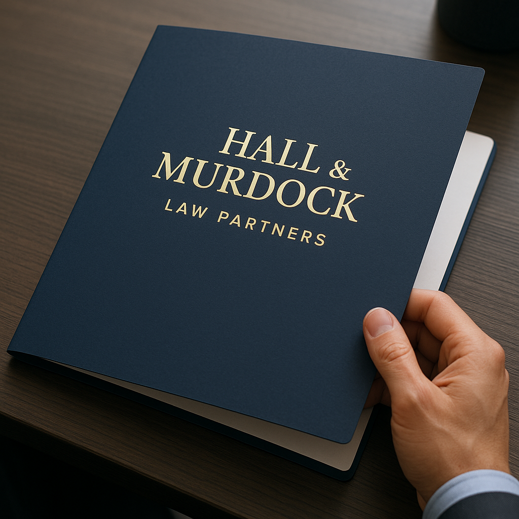 A person is holding a book titled hall & murdock law partners