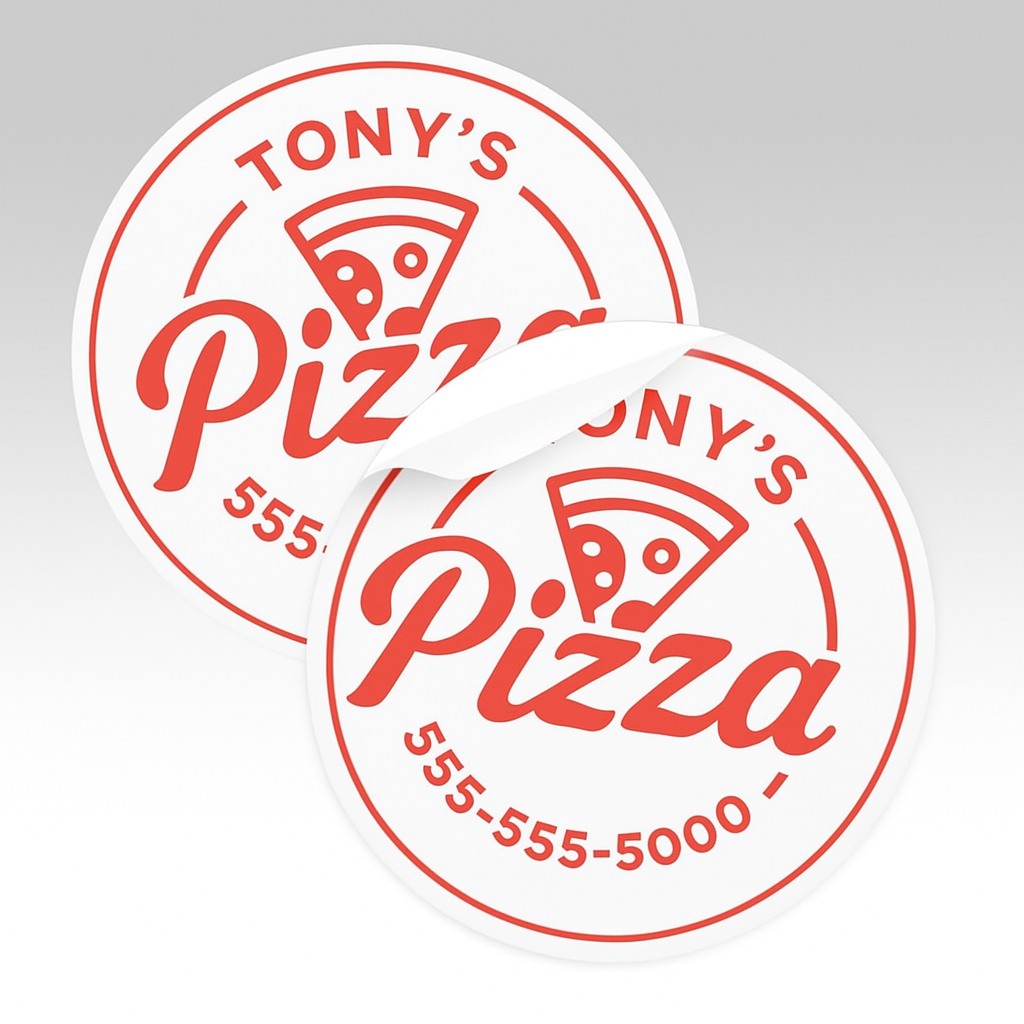 Two stickers for tony 's pizza are sitting on a table.
