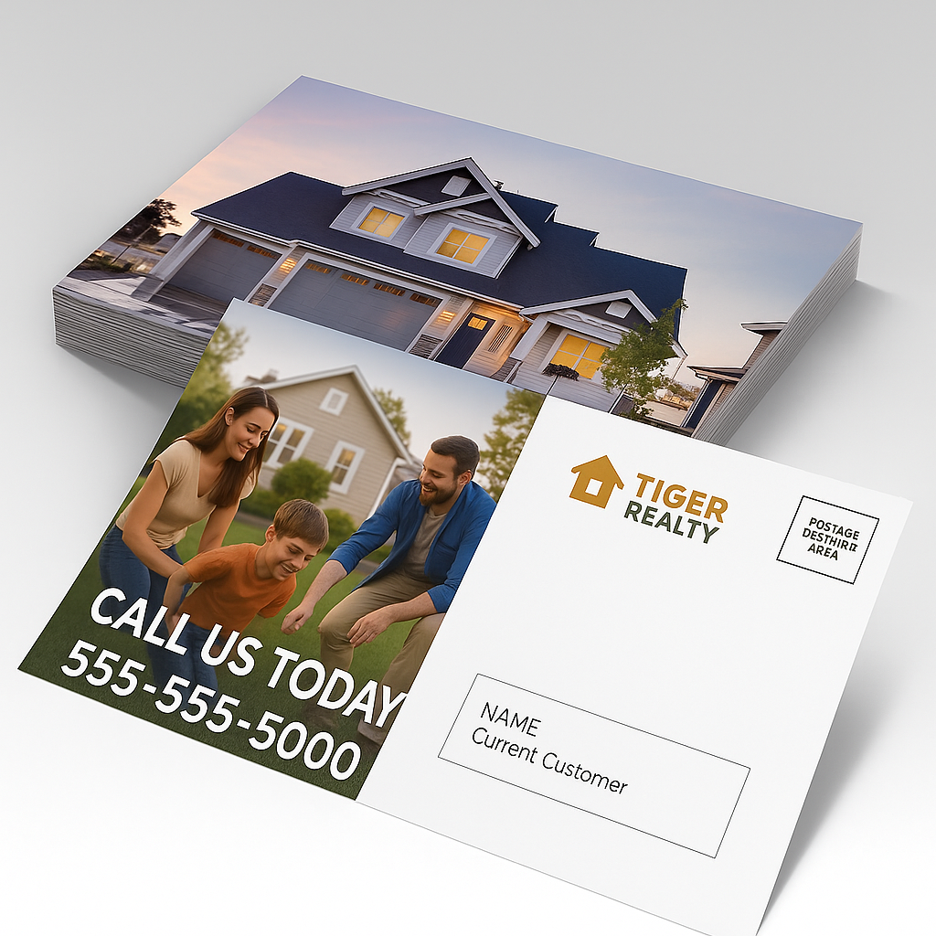 A stack of postcards from tiger realty with a picture of a family in front of a house