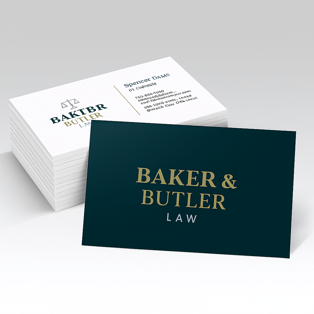 A stack of business cards for baker & butler law