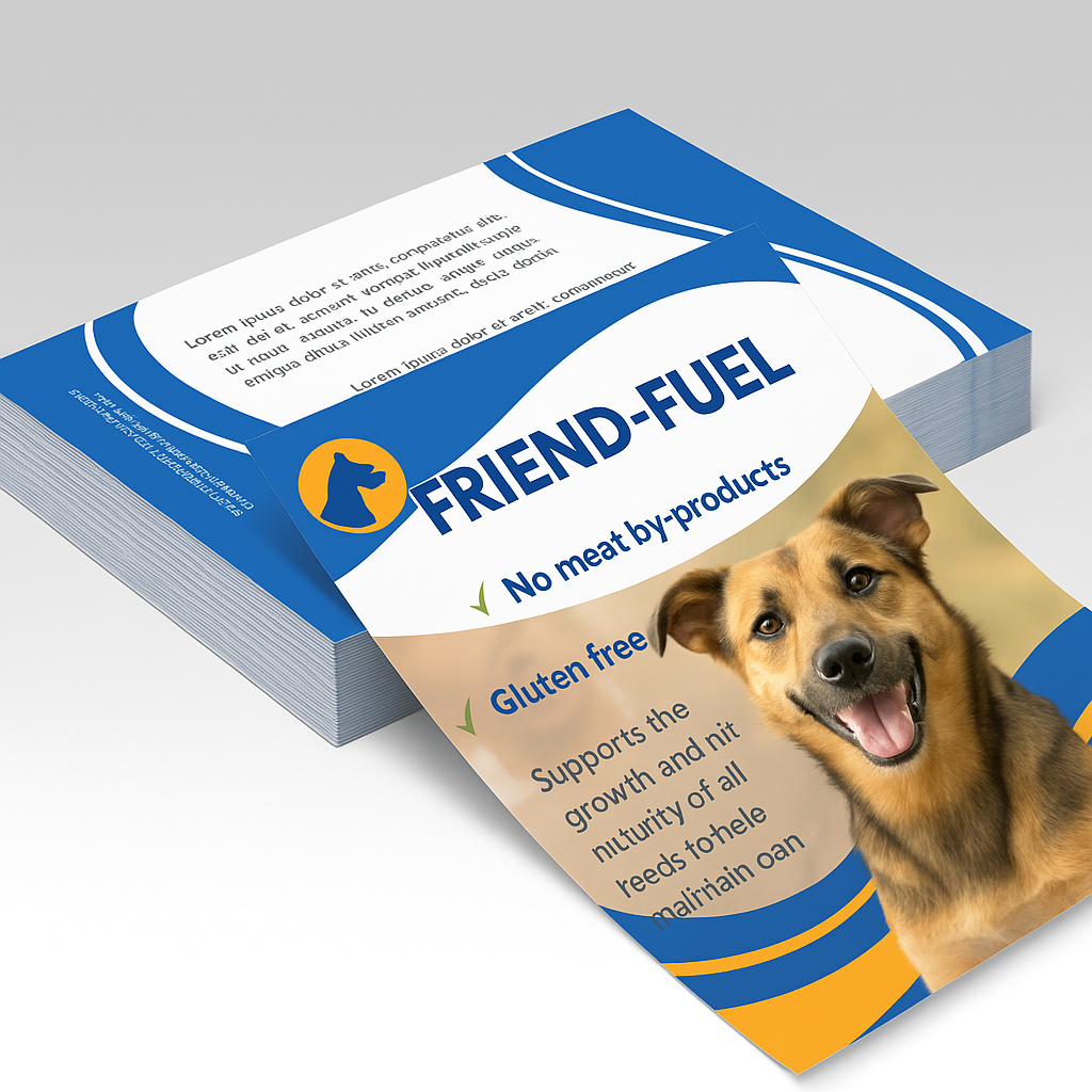 A stack of business cards for friend-fuel no meat by products