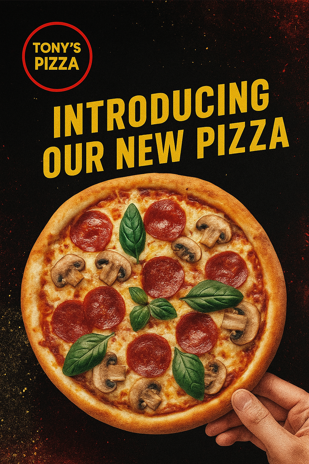 A person is holding a pizza that says introducing our new pizza