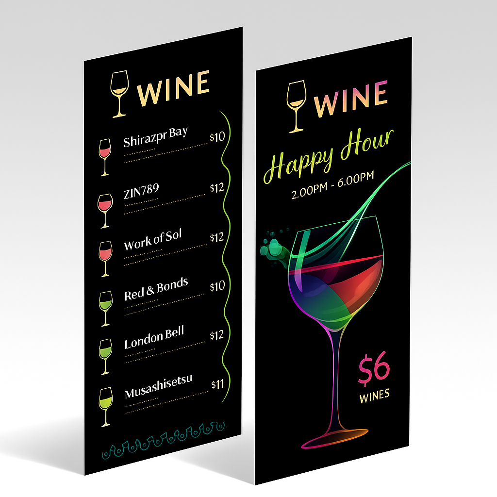 A menu for a wine happy hour with a glass of wine