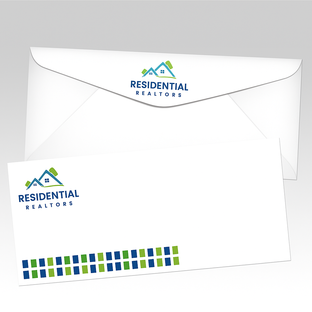 A white envelope with a blue and green logo for residential real estate