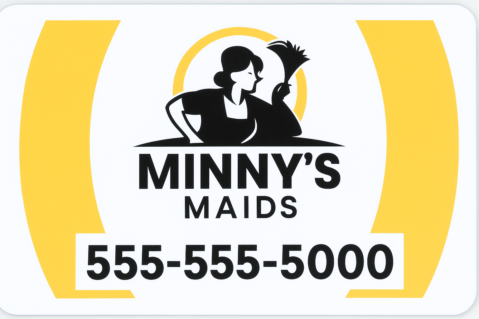 The logo for minny 's maids shows a woman holding a broom.