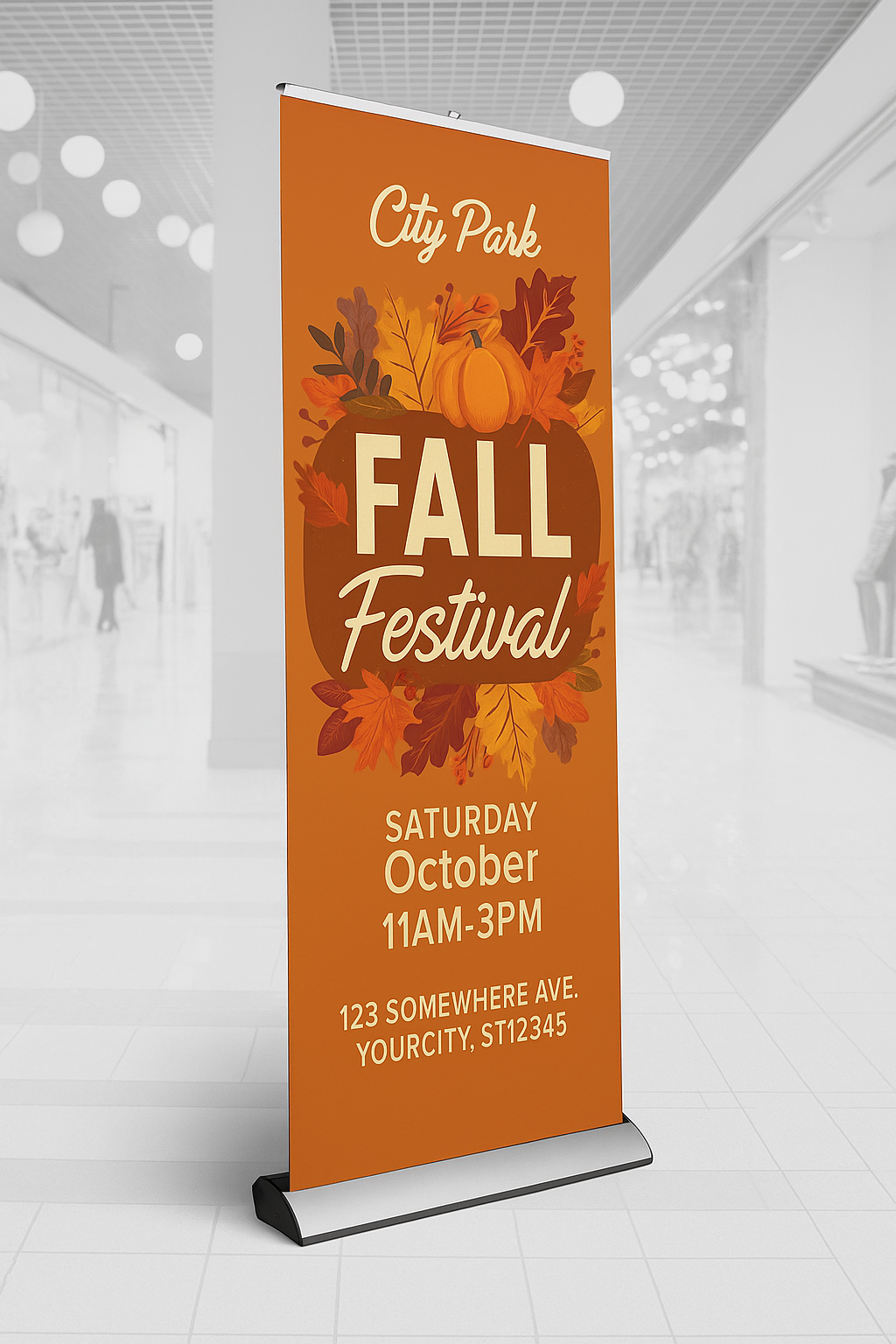 A banner for a fall festival is displayed in a store.
