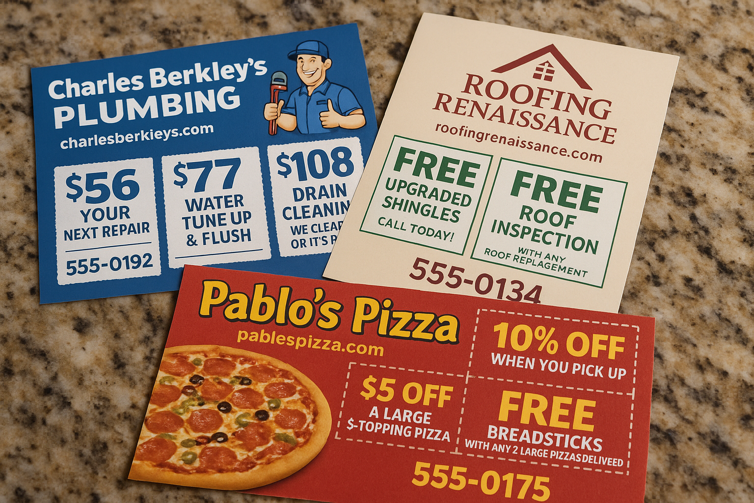 A flyer for charles berkley 's plumbing and pablo 's pizza
