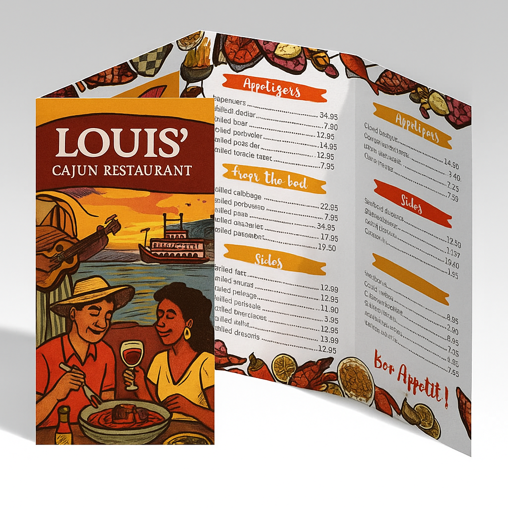 A menu for louis ' cajun restaurant shows a man and woman sitting at a table