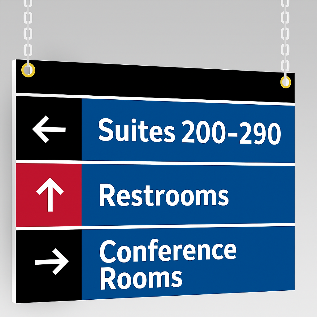 A hanging sign points to suites 200 290 restrooms and conference rooms