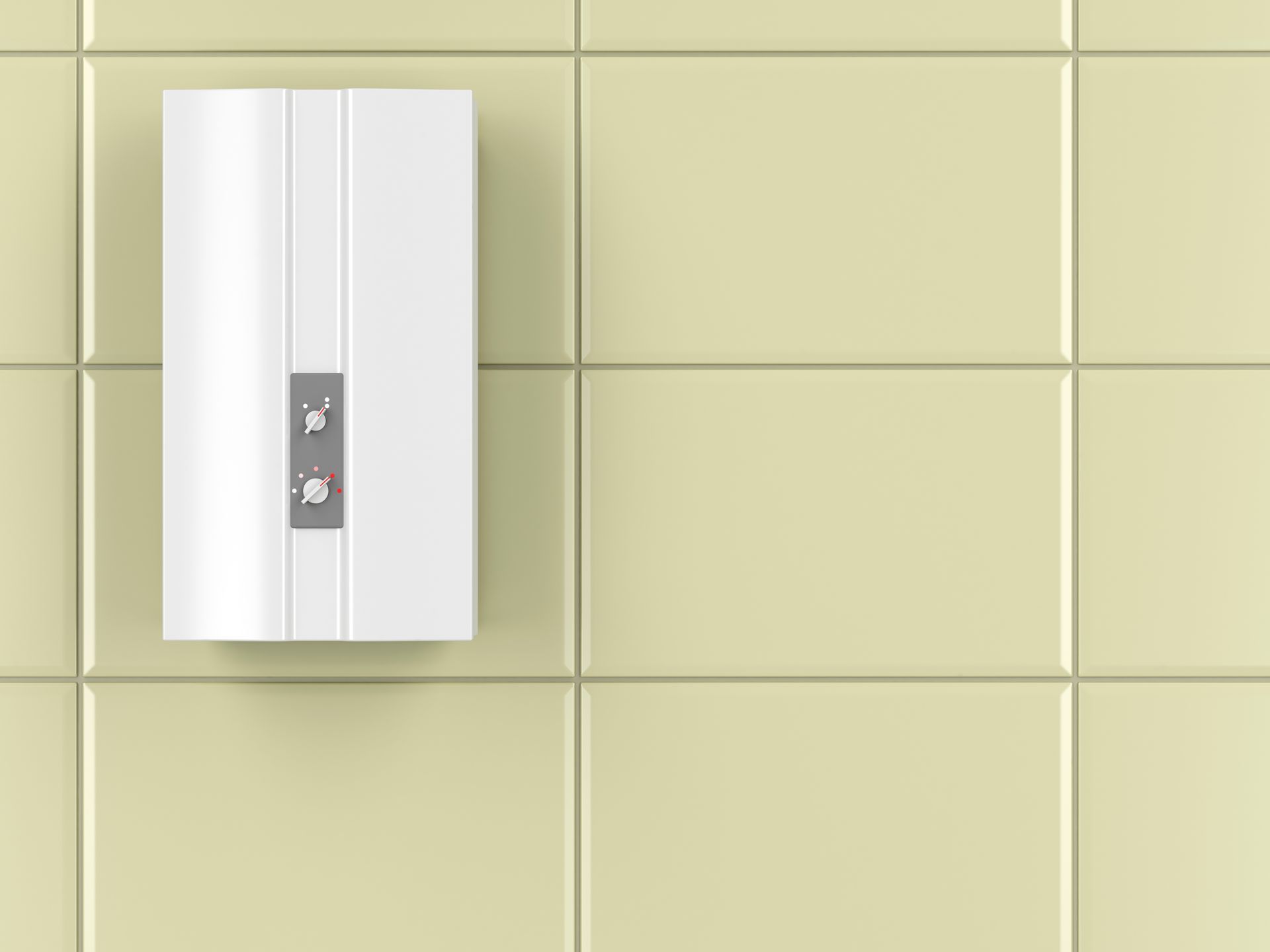A white tankless water heater is hanging on a tiled wall.