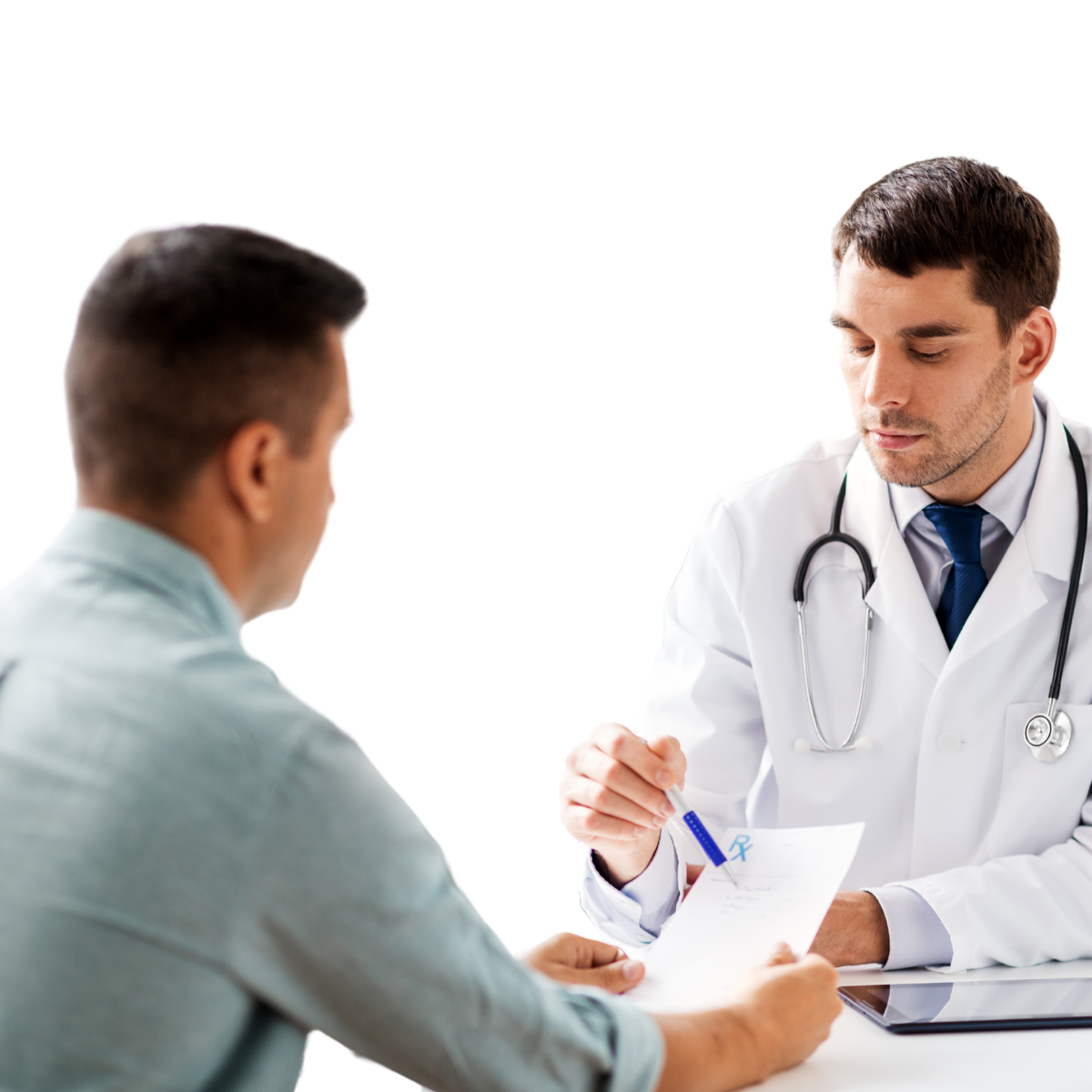 A doctor with a stethoscope around his neck is talking to a patient