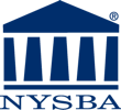 Blue NYSBA logo: stylized courthouse columns beneath roof, blue text
