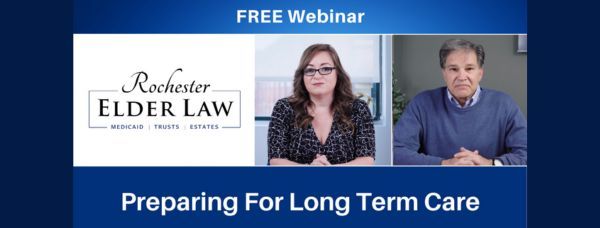 Webinar promo showing the Rochester Elder Law logo with attorneys Yolanda Rios and Miles Zatkowsky