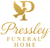 Gold logo for Pressley Funeral Home featuring a stylized dove perched on the letter P, with text below.