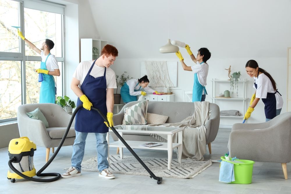 People cleaning a living room: vacuuming, dusting, wiping, wearing aprons and gloves, white walls, large window.