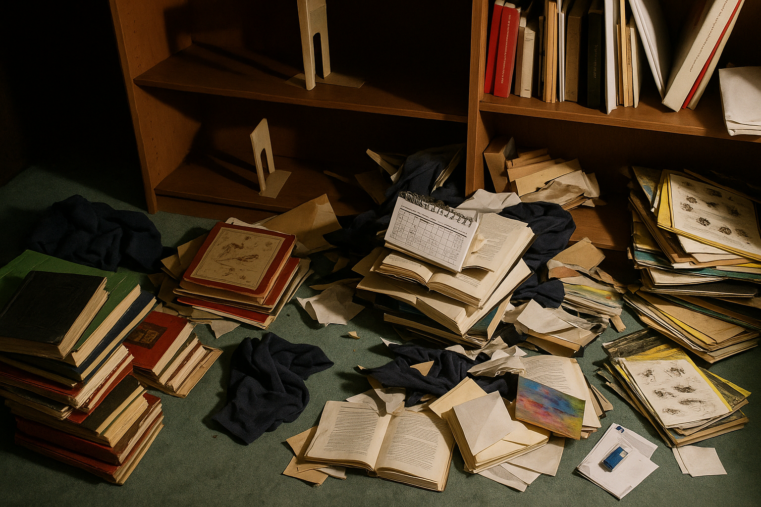 books on the floor of the library