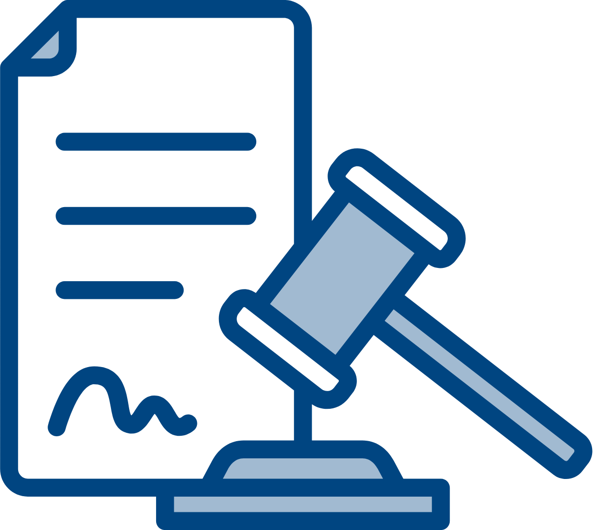 A judge 's gavel is sitting next to a piece of paper with a signature on it.