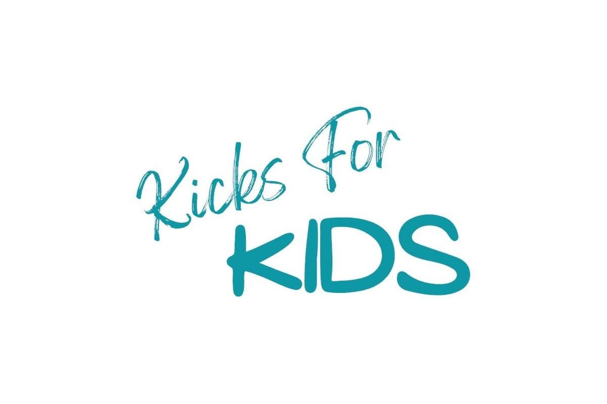 Kicks For Kids logo in teal script text on white background.