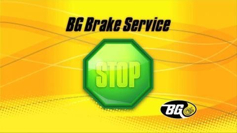 A green stop sign on a yellow background for bg brake service