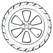 A black and white drawing of a car wheel