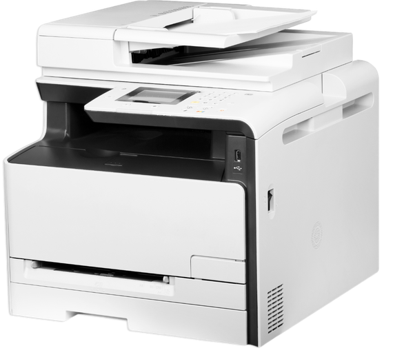 A white printer is sitting on a white surface.