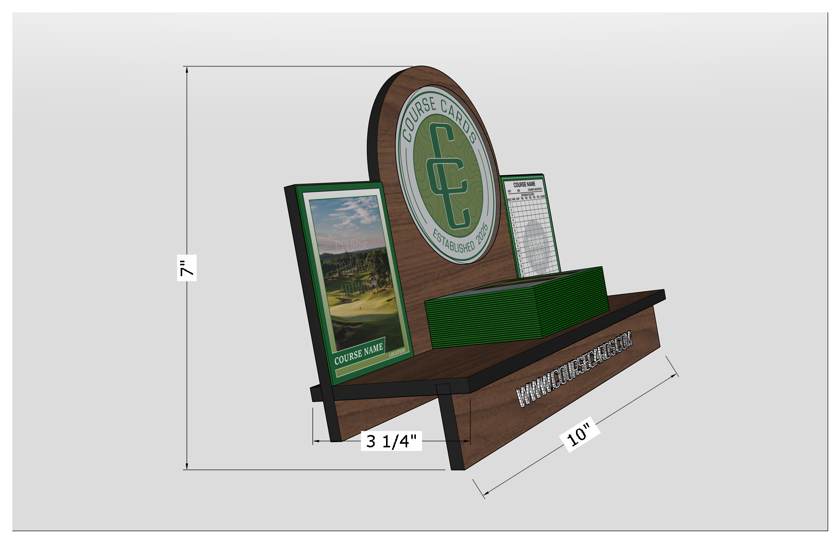 Wooden display with logo and cards, dimensioned at 7