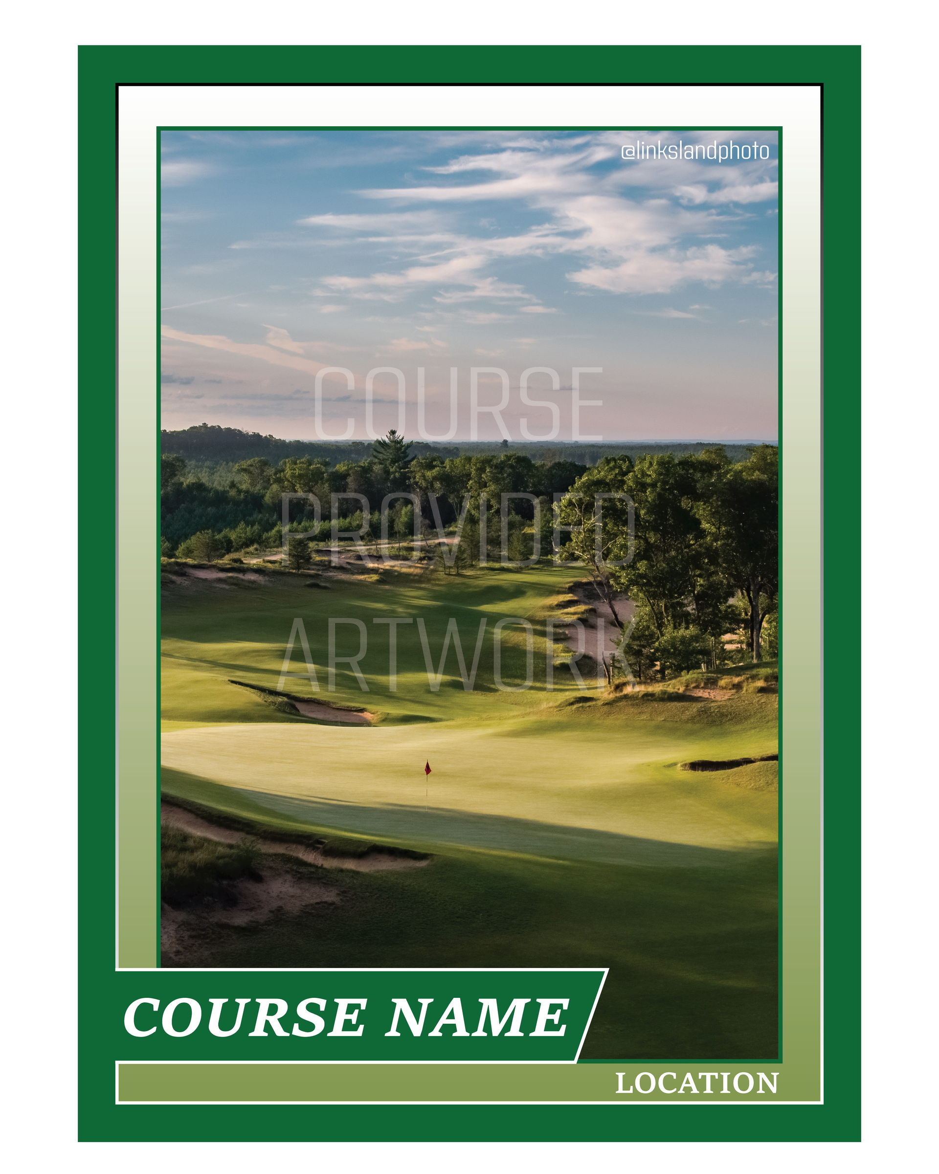 Green-framed golf course card with a scenic landscape image, text: 