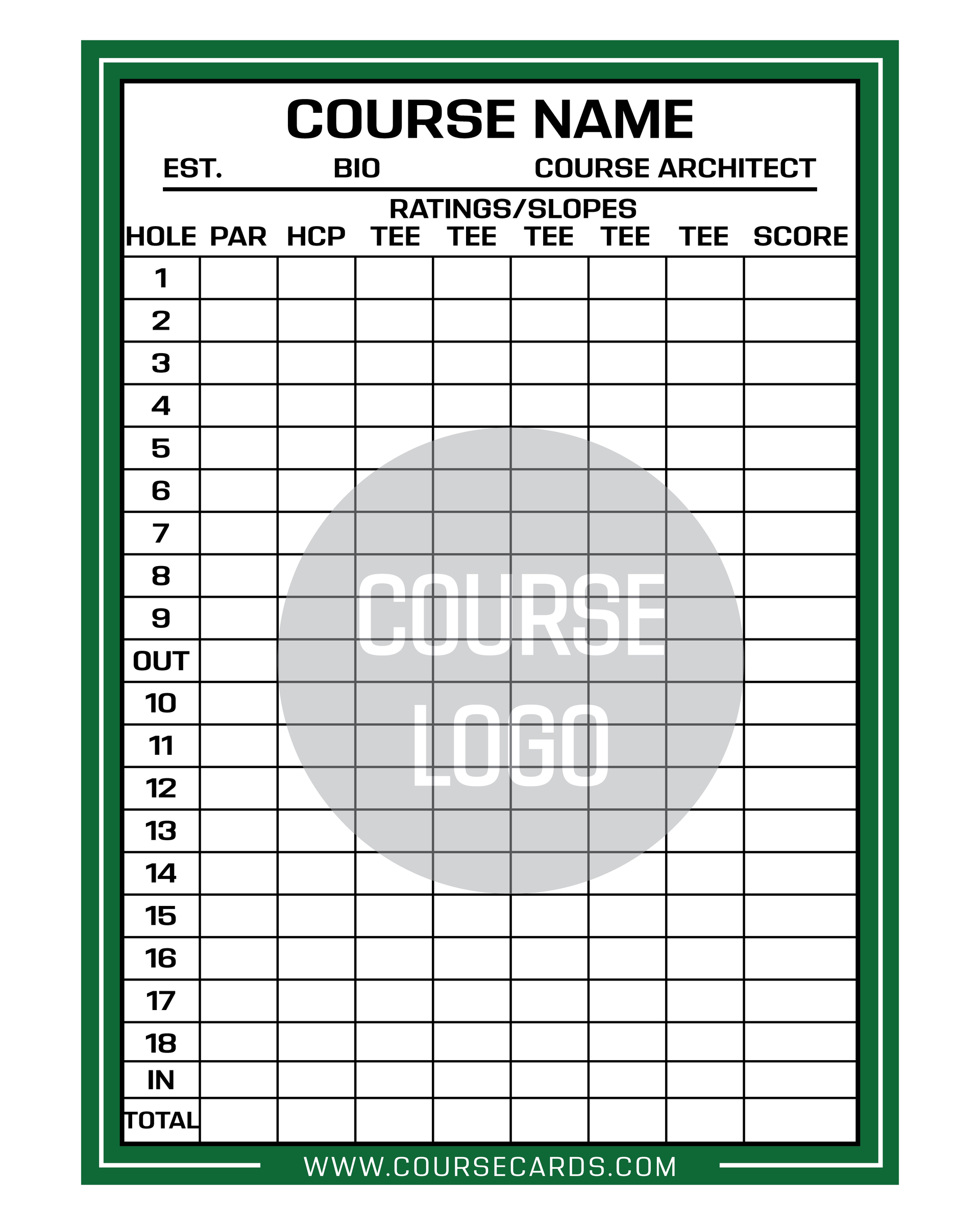 Golf scorecard template with green border, spaces for course name, holes, and a course logo.