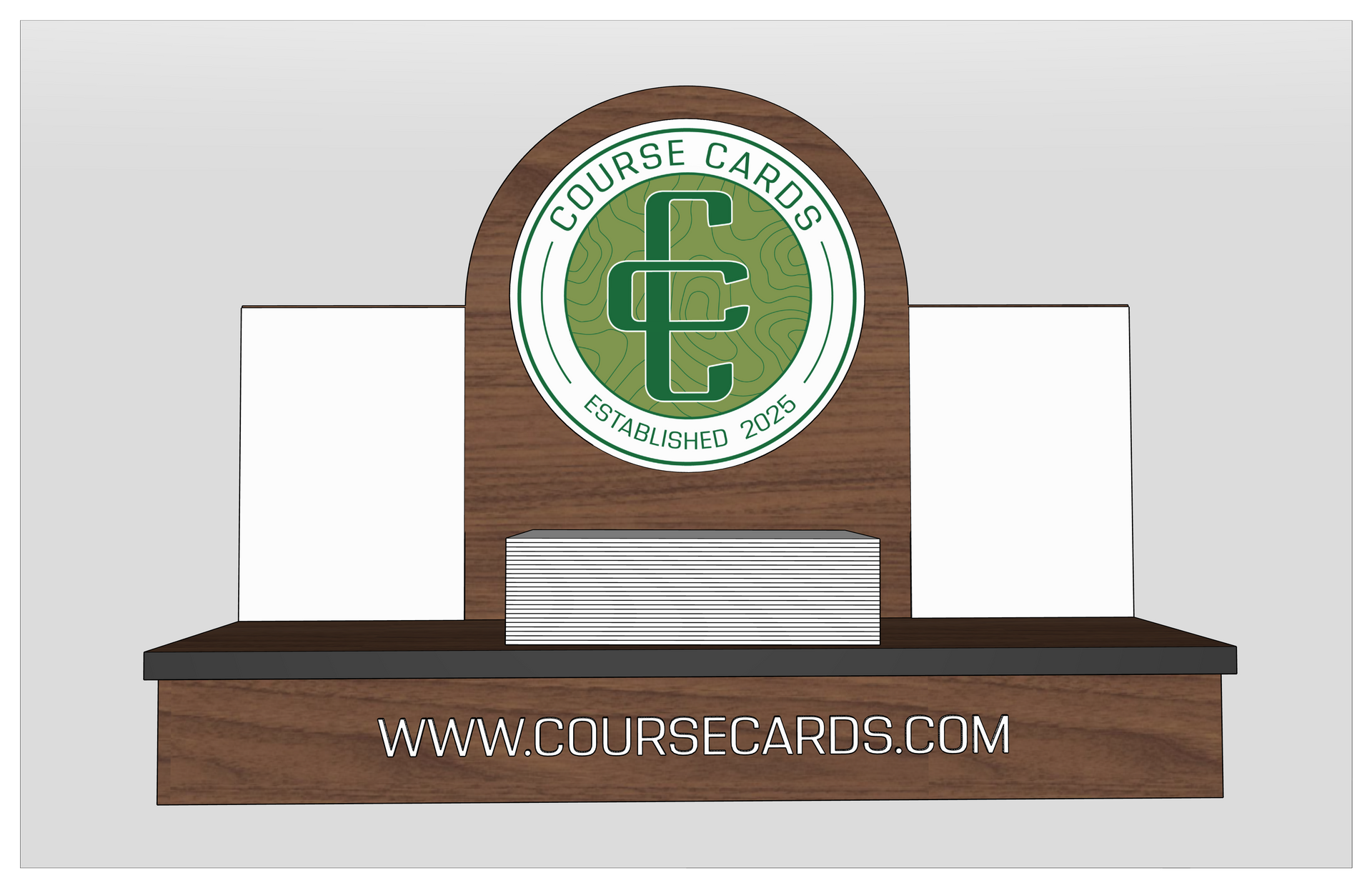 Wooden business card display with "Coursee Cards" logo and website.