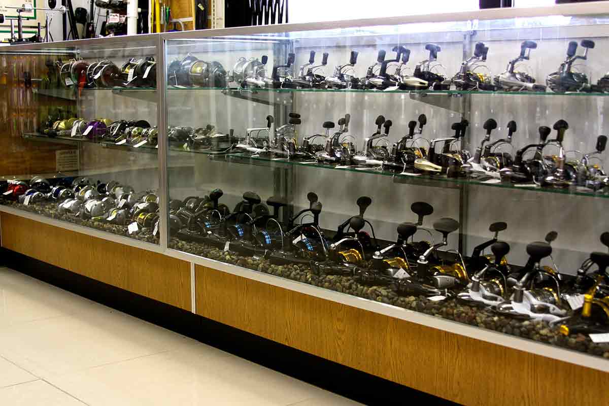 Interior view of Jeffs Sporting Goods fishing reels in the extensive fishing department in  their San Gabriel store.