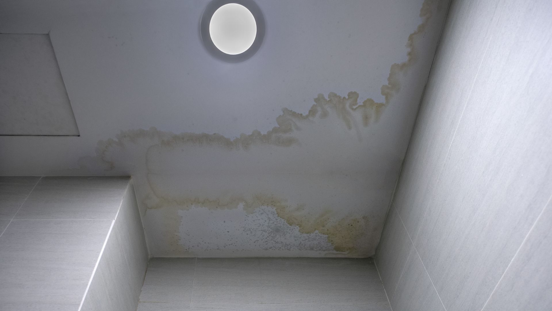 A bathroom with a ceiling that has a lot of stains on it.