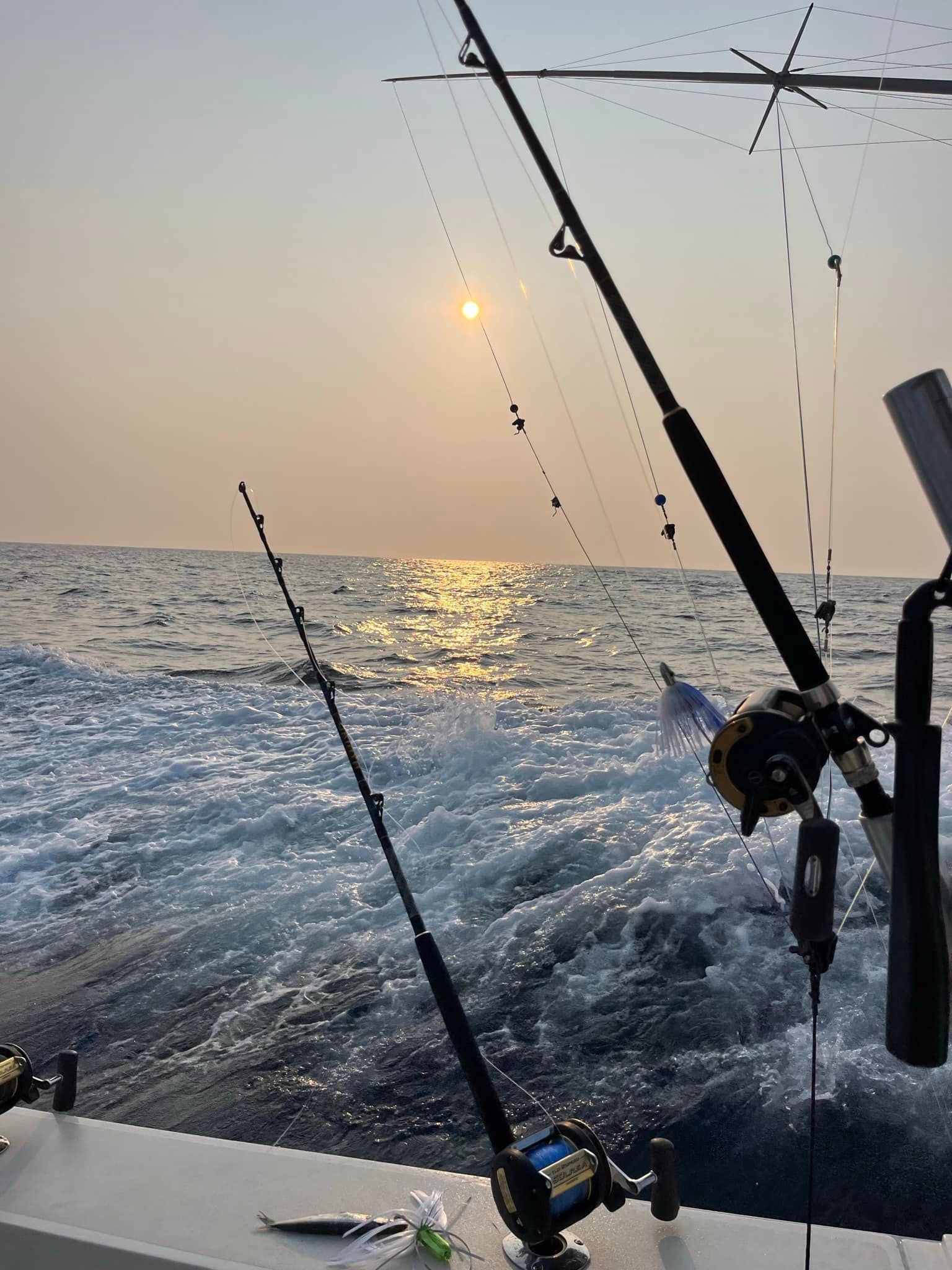 Several fishing rods are sitting on a boat in the ocean