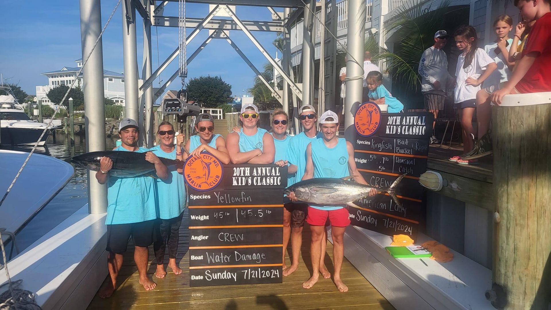 A group of people standing on a boat holding signs that say fishing