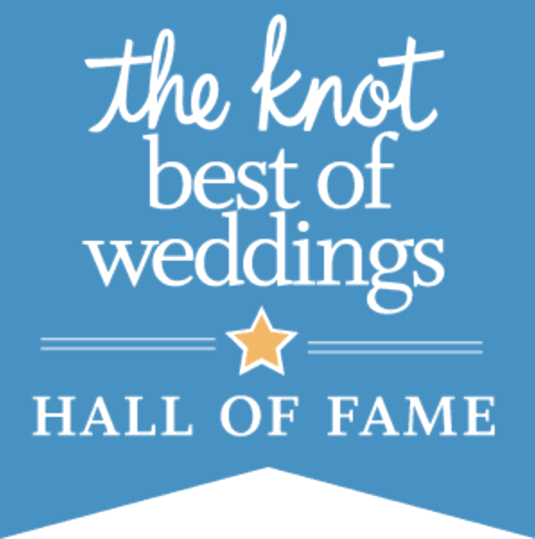 Blue “The Knot Best of Weddings Hall of Fame” badge with a gold star and white text